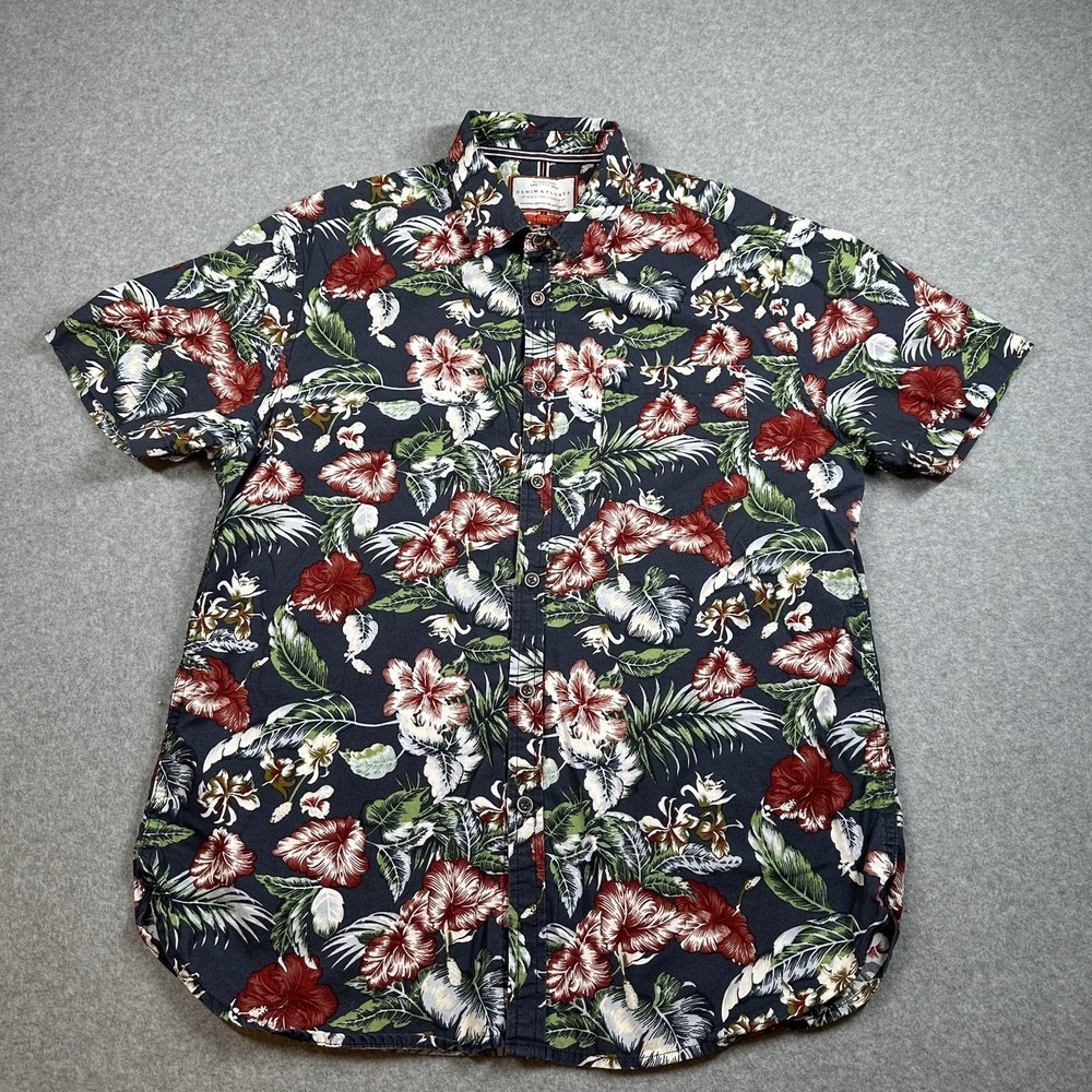 Denim & Flower Slim Fit Floral Hawaiian Navy‎ Shirt Cotton Short Sleeve